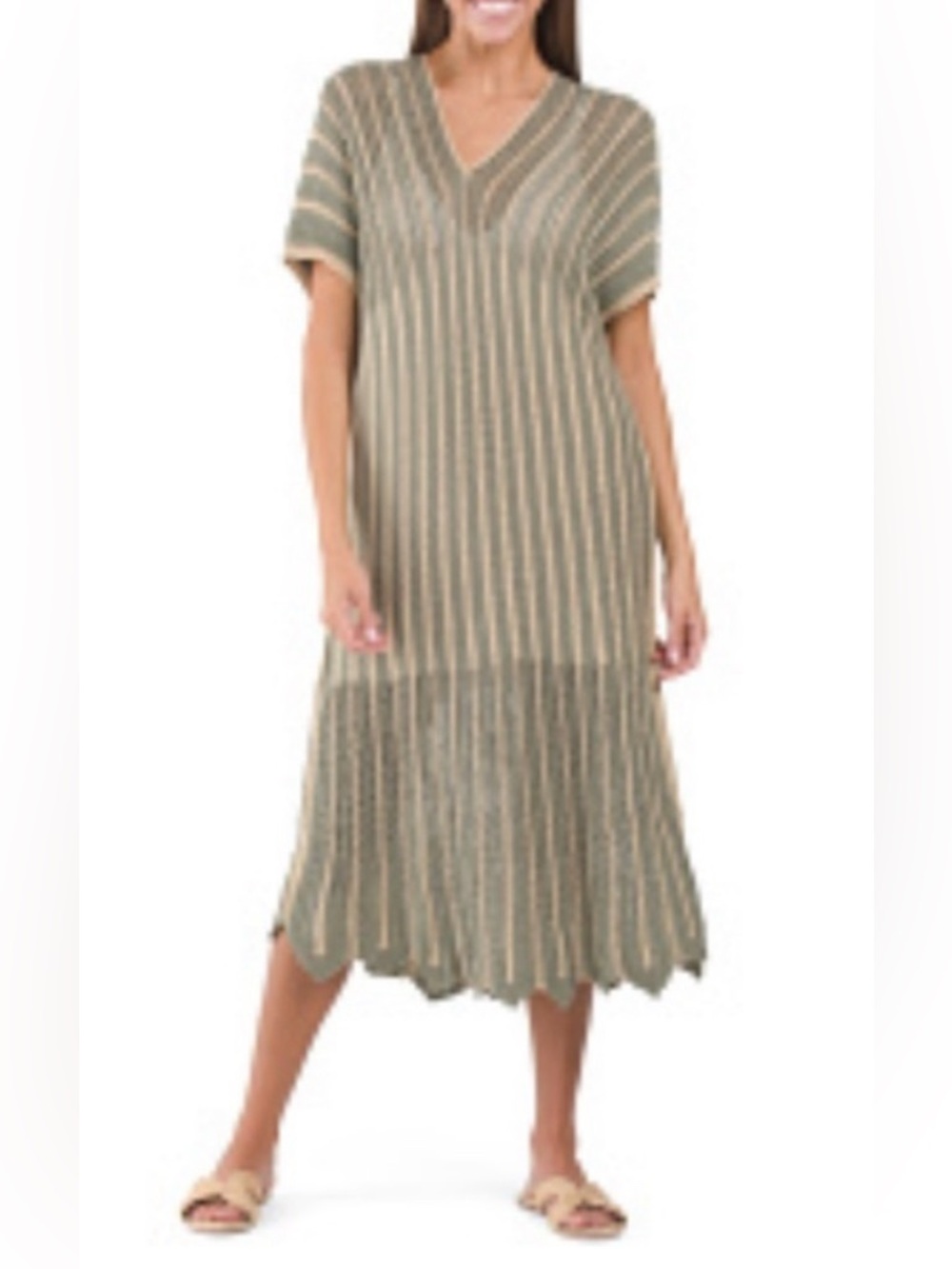 Floris made in Italy V-Neck Striped Midi Dress in Olive Green Size Medium